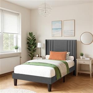 Blishom Letto imbottito 90X200cm,con testiera e rete a doghe,robusto letto in tessuto per ragazzi e camere degli ospiti,struttura imbottita,Grigio scuro