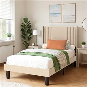 Blishom Letto imbottito 90X200cm,con testiera e rete a doghe,robusto letto in tessuto per ragazzi e camere degli ospiti,struttura imbottita,Beige