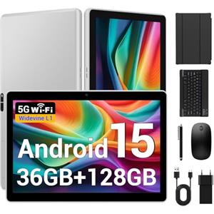 BEYNIVAN Tablet da 10 pollici, Android 15, tablet 5G WiFi, 36 GB RAM + 128 GB ROM/8000 mAh/BT 5.0/TÜV/USB-C, tablet con tastiera + mouse + custodia, grigio