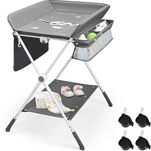 COSTWAY Fasciatoio Pieghevole per Bambini, Fasciatoio portatile con Altezza Regolabile a 3 Livelli, Mobile Tavolo Cambio Pannolini Portatile, con Ruote di Bloccabili, Cestino di Rifiuti (Grigio 1)
