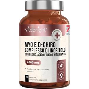 VitaBright Inositolo 4000 mg | Myo Inositolo e D-Chiro e Acido Folico Integratore per PCOS | Equilibrio Ormonale e Normali Livelli di Glucosio nel Sangue | Compresse Masticabili invece di Polvere | VitaBright