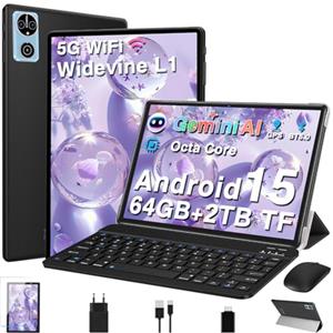 DEERTiME Tablet 10 Pollici Android 15 Tablets con Gemini AI, 64GB+2TB TF, GMS, Tablets 5G+2.4G WIFI, Octa-Core 2.0GHz, Face ID,Widevine L1 FHD,BT5.0,Type-C,8MP+5MP, GPS ,Tablet 3 in 1 con Tastiera e Mouse,Nero