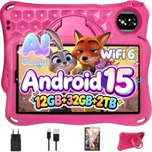 DEERTiME Tablet Bambini 9 Pollici Android 15 Tablet con Gemini Al, 12GB RAM+32GB ROM/TF 2TB,Octa-Core,2.0GHz,5G WiFi6,BT5.0,8+5MP,5000mAh,Widevine L1,Parentale Controllo Tablets con Eva Caso-Rosa