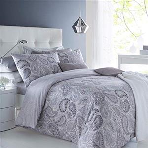 Sleepdown - Set biancheria da letto con copripiumino e federa, stampa digitale di elevata qualità, motivo: paisley grigio, Cotone Poliestere, Grigio, Singolo