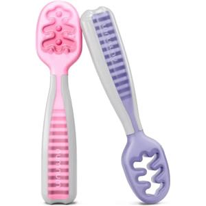 NumNum Cucchiaini Silicone Neonato - Set Svezzamento 2 Cucchiai Lilla Gelido/Verde Rosa per Neonati e Bambini