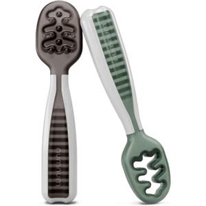 NumNum Cucchiaini Silicone Neonato - Set Svezzamento 2 Cucchiai Grigio Tempesta/Verde Ghiaccio per Neonati e Bambini