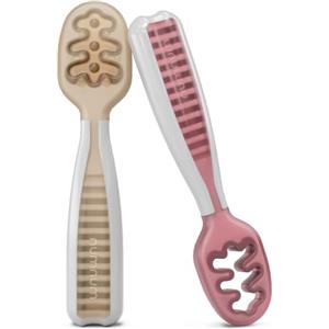 NumNum GOOtensils Cucchiaini Svezzamento Set - Fase 1+2 Cucchiaio Silicone Neonato 6+ Mesi - Posate Ideali per Autoalimentazione e Baby-Led Weaning BLW - Senza BPA - Set 2 pz (Beige/Malva)