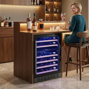 DecHome - Cantinetta Vino 46 Bottiglie 131L Range Temperatura 5-18 °C Doppia Temperatura Ripiani in Legno di Faggio Classe F Nero