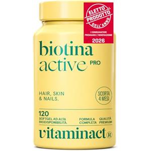 Vitaminact Biotina Capelli Donna e Uomo, Integratore Capelli Pelle e Unghie con Biotina 900% VNR, Zinco, L-Cistina, Vitamine B, C ed E, Ferro, Acido Folico, Omega 3 e Omega 6, 120 Softgel, 4 Mesi - Vitaminact.