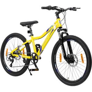 Romico Mountain bike da 24 pollici, gialla, 6 marce, con pneumatici da 24 x 2,1 pollici, telaio in acciaio hardtail, forcella ammortizzata, freni a disco anteriore e posteriore, MTB per ragazzi e