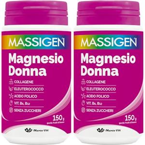 Massigen Magnesio Donna - Integratore in Polvere con Magnesio, Collagene, Eleuterococco, Acido Folico e Vitamine B6 e B12, Supporto Energia e Sistema Nervoso, Senza Zuccheri, Barattolo da 150 g