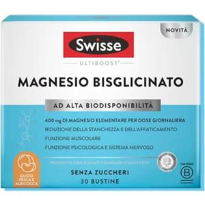 Swisse Ultiboost Magnesio Bisglicinato - 400mg di Magnesio/Dose Giornaliera, Integratore per Riduzione Stanchezza e Affaticamento, Funzione Muscolare, Gusto Pesca e Albicocca, 30 Bustine