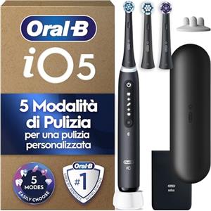 Oral-B iO 5 Spazzolino Elettrico, con 3 Testina di Ricambio, Custodia, Nero