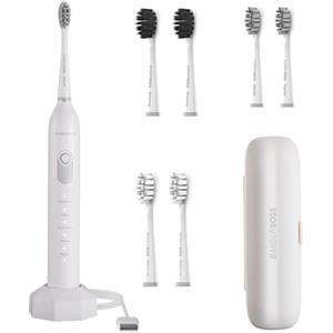 BarberBoss Spazzolino elettrico sonico - 5 modalità di spazzolatura, 6 testine, protezione di pressione, timer intelligente e custodia da viaggio, Bianco