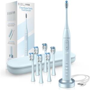 BarberBoss Spazzolino da denti sonico per adulti, ricaricabile con 5 modalità di pulizia, 3 livelli di intensità, sensore di pressione intelligente (Blu Cielo)