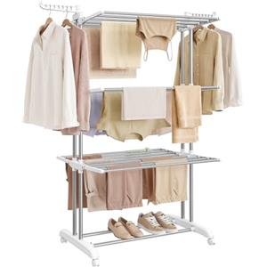 SONGMICS Stendibiancheria, Stendino Pieghevole a 4 Livelli, con Ruote e Ali Richiudibili, 126,6 x 64,2 x 169,2 cm, Capiente, Uso Interno ed Esterno, Grigio Argento LLR701EW01