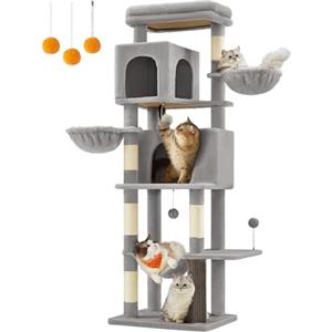 Feandrea Albero per Gatti Grande, Torre Tiragraffi Alto 175 cm, Multilivelli con 2 Grotte, 2 Cestini, 5 Graffiatoi, Autospazzola, Trespolo, Amaca, Grigio Tortora PCT182G01