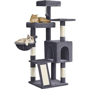 Feandrea Albero Tiragraffi, Torre per Gatti con Pali e Rampa Graffiatoio, 3 Grandi Piattaforme, 1 Cuccia, 1 Cestino, 2 Pompon, Altezza 136 cm, Grigio Scuro PCT012GS01