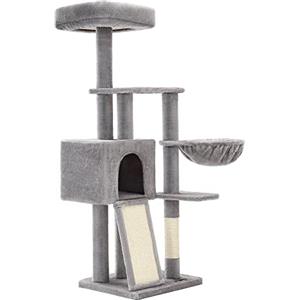 FEANDREA Albero per Gatti, Tiragraffi Piccolo da 135 cm, Condominio per Gatti in Peluche a più Livelli con Copertura per Trespolo Rimovibile Lavabile, Graffiatoio, Cesto, Grotta, Grigio Chiaro