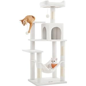 Feandrea Albero per Gatti Alto 143 cm, Tiragraffi per Gatti, con 4 Pali Graffiatoi, 2 Posatoi, 1 Grotta, 1 Amaca, 2 Pompon, in Peluche a Più Livelli, Bianco Crema PCT161T01V1