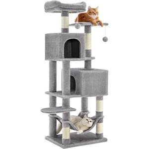 Feandrea Albero per Gatti Alto 155 cm, Tiragraffi per Gatti con 5 Pali Graffiatoi, 2 Posatoi, 2 Grotte, Amaca, 2 Pompon, in Peluche a Più Livelli, Grigio Chiaro PCT192W01V1