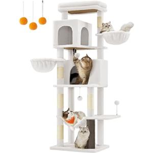 Feandrea Albero per Gatti Grande, Torre Tiragraffi Alto 175 cm, Multilivelli con 2 Grotte, 2 Cestini, 5 Graffiatoi, Autospazzola, Trespolo, Amaca, Bianco Crema PCT182W02