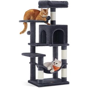 Feandrea Albero per Gatti Alto 112 cm, Tiragraffi per Gatti, con 4 Pali Graffiatoi, 2 Posatoi, 1 Grotta, 1 Amaca, 2 Pompon, in Peluche a Più Livelli, Grigio Fumo PCT261G01V1