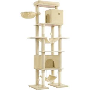 Feandrea Albero per Gatti Grande, Tiragraffi Multilivello XXL, Alto 201 cm, con una Piattaforma, un'Amaca, 2 Casette per Gatti, 2 Amache, Kit Antiribaltamento, Beige PCT195Y01V1
