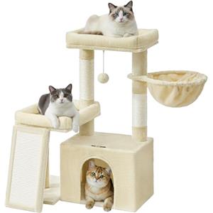 Feandrea Albero per Gatti con 2 Letti Grandi, Tiragraffi con Pali e Rampa Graffiatoio, Alto 85,8 cm, Beige Sabbia PCT013LF01