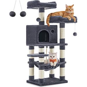 Feandrea Albero per Gatti Alto 112 cm, Tiragraffi per Gatti, con 11 Pali Graffiatoi, 2 Posatoi, 1 Grotta, 1 Amaca, 2 Pompon, in Peluche a Più Livelli, Grigio Fumo PCT215G01