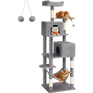 Feandrea Albero per Gatti Alto 191 cm, Tiragraffi per Gatti con 5 Pali Graffiatoi, 2 Posatoi, 2 Grotte, Amaca, 2 Pompon, in Peluche a Più Livelli, Grigio Chiaro PCT191W01