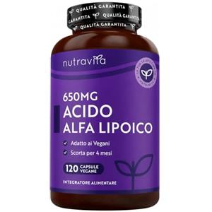 Nutravita Acido Alfa Lipoico 650 mg - 120 Capsule Vegane - Integratore Acido Alfa Lipoico ad Alta Concentrazione - 4 Mesi di Scorta - Naturali al 100% Senza Leganti o Riempitivi Sintetici
