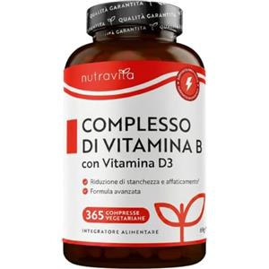 Nutravita Vitamina B Complex Alto Dosaggio con D3-365 Compresse (1 Anno) - Complesso Vitamine B con Biotina, Acido Folico, Metilcobalamina e Vitamina D3 - Integratore B1 B2 B3 B5 B6 B7 B9 e B12