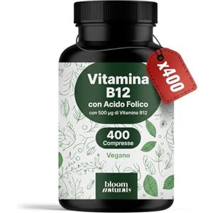 Bloom Naturals Beauty Supplements Vitamina B12 con Acido Folico - 400 Compresse - 400 Giorni di Scorta - Alto Dosaggio 500 µg - Vegano - Prodotto in Germania - Testato in Laboratorio