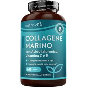 Nutravita Collagene Marino con Acido Ialuronico 1000 mg - 60 Capsule Collagene Idrolizzato di Tipo 1 - Colageno con Vitamina C, E, B2, Zinco, Rame e Iodio - Integratori per Capelli, Unghie e Pelle