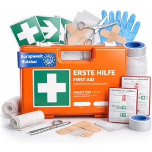 toolmate Cassetta di pronto soccorso, DIN 13157, per aziende e aziende, scatola di pronto soccorso, testata secondo gli standard attuali, con adesivo e supporto da parete