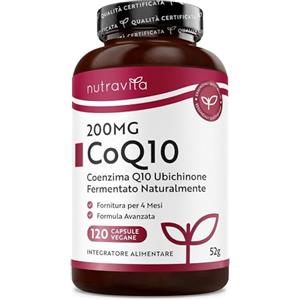 Nutravita Coenzima Q10 200mg - 120 CoQ10 Capsule Vegane, Fornitura di 4 Mesi - Ubichinone Puro al 100% - Q10 Coenzima ad Alto Dosaggio Ubiquinol Fermentato Naturalmente - Prodotto nel Regno Unito