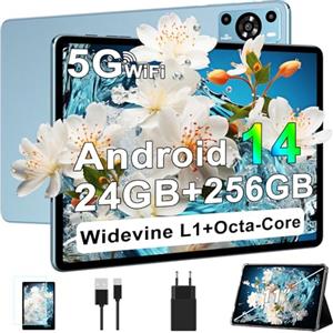 ZIOVO Tablet da 11 pollici, tablet Android 14,24 GB RAM+256 GB ROM/TF 1TB, Octa-Core 2.0 GHz,5 G WiFi/8000 mAh/13+5 MP/GMS Certified/Coperchio in metallo/Widevine L1/Supporto Neflix, Tablet Touch -Blu