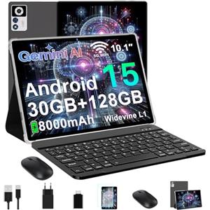 ZIOVO Android 15 Tablet 10 Pollici,Gemini AI,30GB RAM+128GB ROM(TF 1TB)Tablets,5G WiFi Tablets,Octa-Core 2.0 GHz/Widevine L1/8000 mAh/Bluetooth 5.0/GPS/Face ID/2 in 1 Tablet con Tastiera e Mouse-Nero