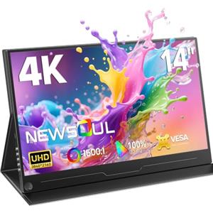 Newsoul Monitor portatile 4K da 14 pollici, monitor portatile UHD 3840x2160 con 1500:1, 100% DCI P3, QLED schermo portatile con HDMI e 2 porte Type-C e custodia protettiva per laptop/PC/PS5/4/Xbox