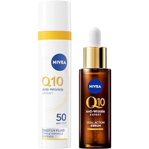 NIVEA Q10 Expert Skincare Kit Anti-Rughe, Set skincare completo con Siero Viso Doppia Azione 30 ml e Fluido UV Quotidiano Crema Viso SPF 50 40 ml per una pelle protetta e dall'aspetto più giovane