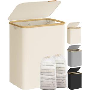 SONGMICS Cesto Portabiancheria con Coperchio a 2 Scomparti, Cesta per Bucato, 130L, Sacco Rimovibile, Tessuto Oxford, Manici di Bambù Pieghevole, 52 x 38,5 x 70,5 cm, Bianco Crema LCB513W01