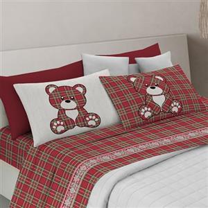 PENSIERI DELICATI Completo Letto Matrimoniale, 100% Cotone Caldo e Morbido, 2 Piazze 180x200cm, Include Lenzuolo sotto, sopra e 2 Federe, Made in Italy, Tartan Orsetto Rosso