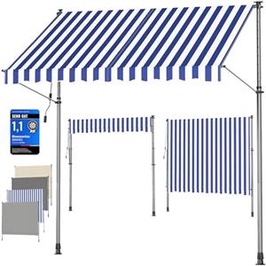 SONGMICS Tenda da Sole Avvolgibile, Tendalino Parasole Retrattile Manuale, Regolabile in Altezza con Manovella per Balcone Giardino Patio, 300 x 120 cm, Blu e Bianco GSA302QZ01