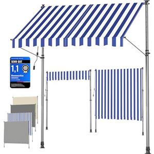 SONGMICS Tenda da Sole Avvolgibile, Tendalino Parasole Retrattile Manuale, Regolabile in Altezza con Manovella per Balcone Giardino Patio, 250 x 120 cm, Blu e Bianco GSA252QZ01