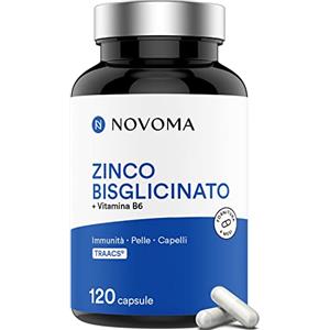 NOVOMA Zinco Bisglicinato 15mg TRAACS®, Con Vitamina B6 Bio-Attiva, Zinco Alto Assorbimento, Integratore Antiossidante per Uomo e Donna, Migliora la Pelle e Acne, 120 Capsule Vegane