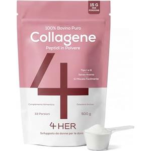 4 HER Collagene Idrolizzato in Polvere per Donne 500g - Ad Alto Contenuto Proteico, 100% Puro - Senza Aromi Aggiunti, Senza Additivi - Si Mescola Facilmente - Peptidi di Collagene Bovino Tipo 1 & 3