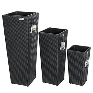 Casaria Deuba CASARIA® Set di 3 Vasi da Fiori in Polyrattan Intrecciato con Sottovaso e Foro Deflusso Acqua Richiudibile Vaso per Piante Effetto Rattan da Esterno Giardino Fioriere Fioriera