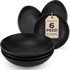 Twinzee Piatti fondi Neri Moderni - Set piatti Neri Mpoderni, 6 persone - Elegante Servizio Piatti - Adatti a Microonde - Collezione Ebony