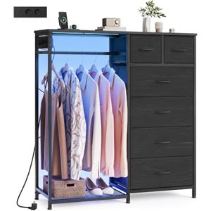 SONGMICS Stand Appendiabiti con Cassettiera, Armadio Aperto con 6 Cassetti in Tessuto e Barra, Ripiano Inferiore, 102,7 x 35 x 117,6 cm, Nero Ebano, Collezione BELLAH LGS523B202